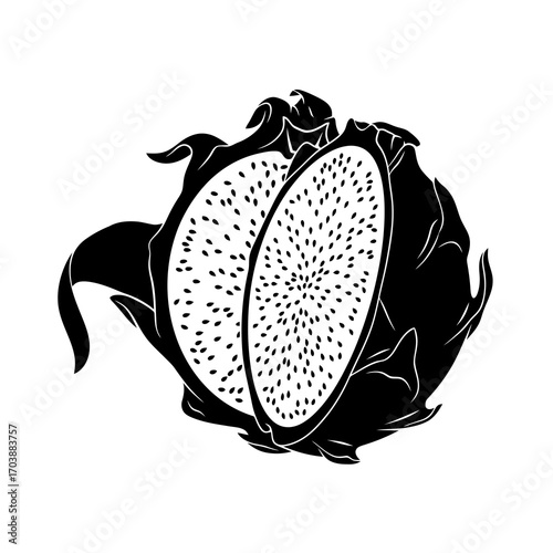 Black and white illustration of a dragon fruit cut in half