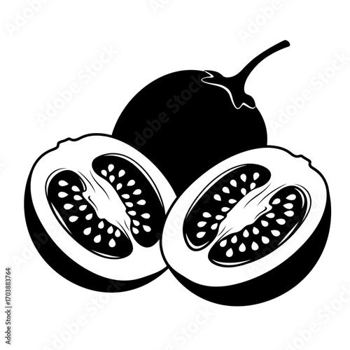 Black and white illustration of a whole and halved eggplant
