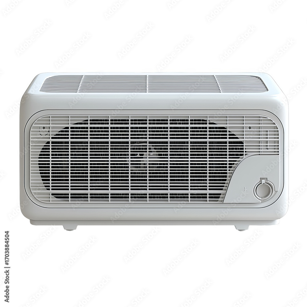 Fototapeta premium Compact white window air conditioner with visible grille and control knob, cool modern appliance providing relief on hot days
