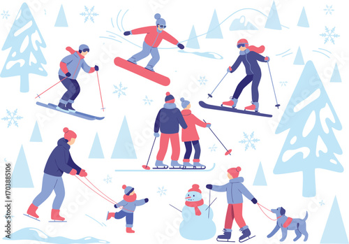 People Skiing, Snowboarding, Ice Skating, Walking Pets, Building Snowman, Cartoon Characters, Flat Design, Snowy Park, Outdoor Holiday Activities, Vector Artwork