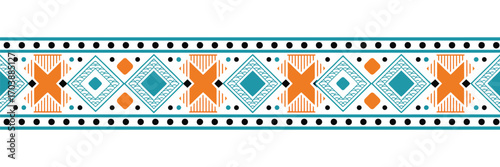 Ethnic Style Colorful Seamless Border with Tribal Aztec Motifs. Decorative Tape Design for Pattern, Textile, and Cultural Art Projects. Vector EPS 10 Illustration Collection.