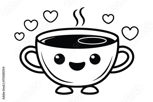 Cute kawaii coffee cup character with hearts and steam illustration