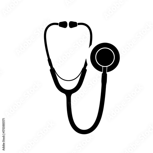 Black silhouette of a medical stethoscope on white background