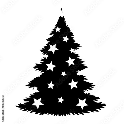 Black christmas tree silhouette with white stars isolated on white background