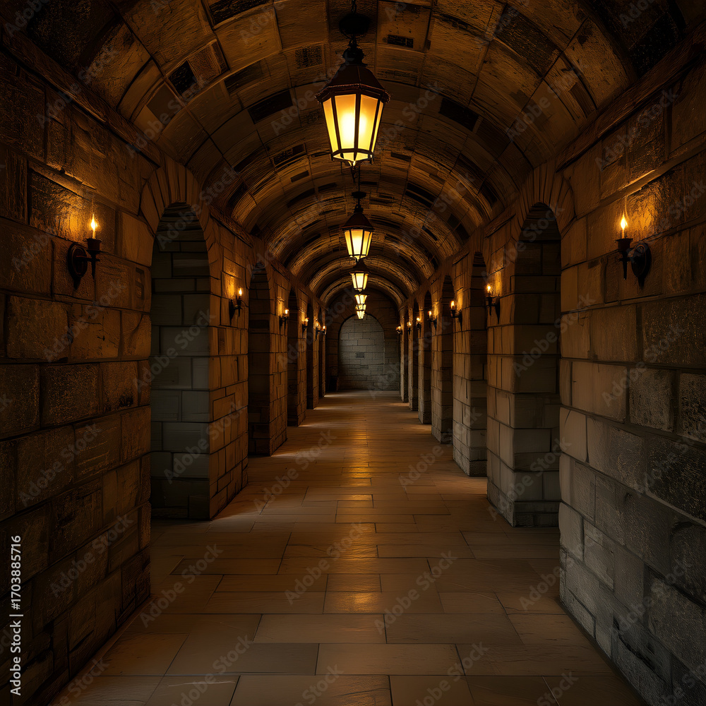 Obraz premium Medieval Stone Corridor with Lanterns