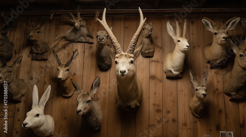Taxidermied animal heads mounted on a wooden wall