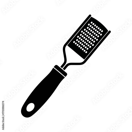 Black and white icon of a grater on a white background
