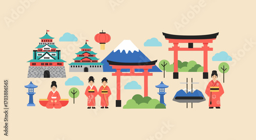 A vibrant flat illustration of Japanese cultural icons and landmarks. Vector Illustrations. EPS Editable
