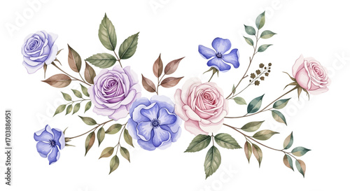 Beautiful watercolor floral arrangement with purple blue and pink roses. Vector Illustrations. EPS Editable