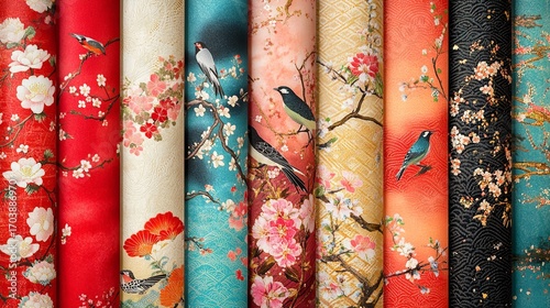 A vibrant pattern of floral designs on fabric, showcasing various colors and intricate details.