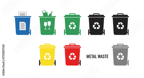Colorful recycling bins set for waste sorting and management vector illustration. Vector Illustrations. EPS Editable