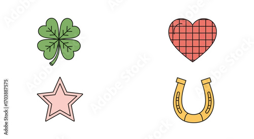 Colorful set of lucky charms including clover heart star and horseshoe. Vector Illustrations. EPS Editable