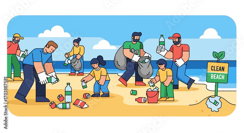 Community of Volunteers Cleaning Plastic Pollution on the Beach. Vector Illustrations. EPS Editable