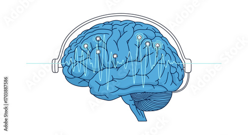Conceptual illustration of a human brain with headphones showing neural activity. Vector Illustrations. EPS Editable