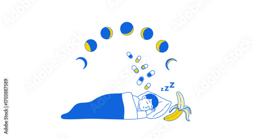 Conceptual illustration of a person sleeping under moon phases. Vector Illustrations. EPS Editable