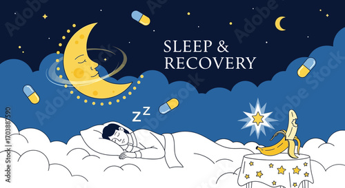Conceptual illustration of deep sleep and health recovery with moon and stars. Vector Illustrations. EPS Editable