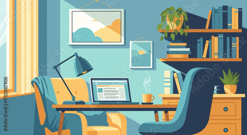 Cozy home office workspace with laptop and books illustration. Vector Illustrations. EPS Editable