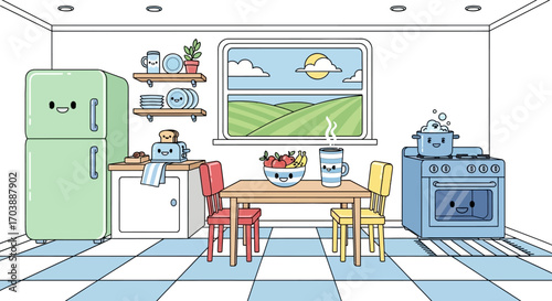Cute Cartoon Kitchen Scene with Happy Smiling Appliances. Vector Illustrations. EPS Editable