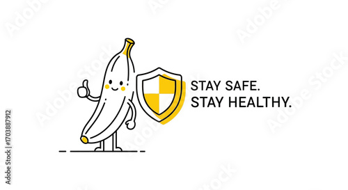 Cute cartoon banana character with a shield promoting health and safety. Vector Illustrations. EPS Editable