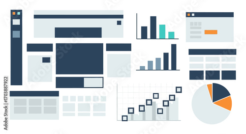 Dashboard User Interface Kit with Data Visualization Charts and Graphs. Vector Illustrations. EPS Editable