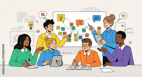 Diverse Creative Team Collaborating on a Project Brainstorming Session. Vector Illustrations. EPS Editable
