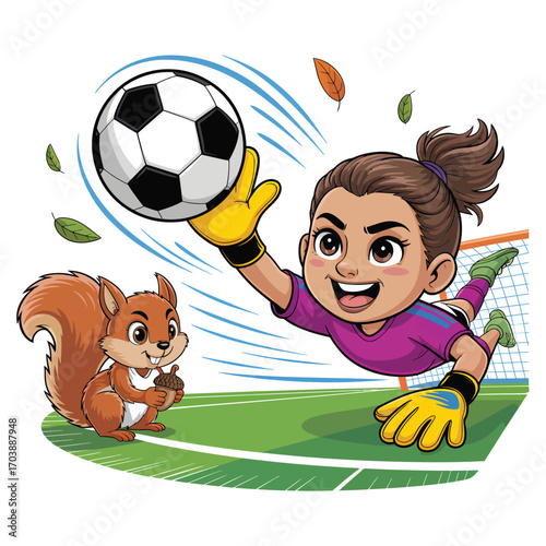 Goalkeeper Girl Saves the Ball, Squirrel Watches in Animated Cartoon