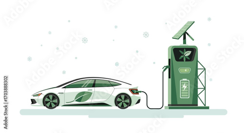 Electric car charging at a solarpowered station in a snowy environment. Vector Illustrations. EPS Editable
