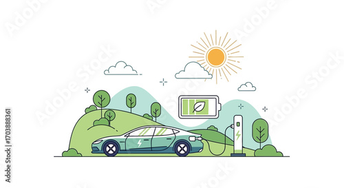 Electric Car Charging in Nature with Sun and Green Energy. Vector Illustrations. EPS Editable