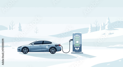 Electric car charging in winter landscape. Vector Illustrations. EPS Editable