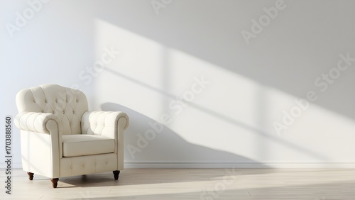 Modern White Leather Armchair in Minimalist Living Room with Sunlight Shadows