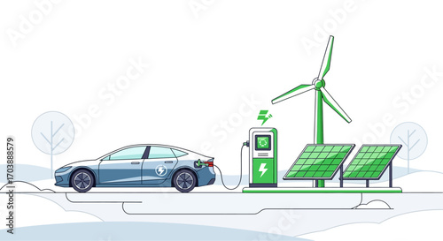 Electric Vehicle Charging Station Powered by Renewable Energy Sources. Vector Illustrations. EPS Editable
