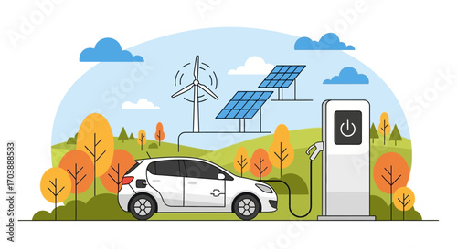 Electric Vehicle Charging Station Green Energy. Vector Illustrations. EPS Editable