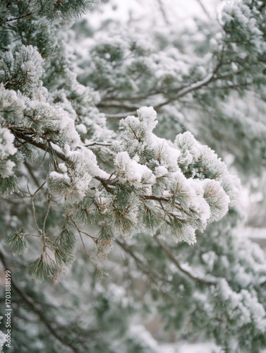 Snow-covered Pine Branches Create a Serene Winter Landscape in a Quiet Forest During a Snowfall
