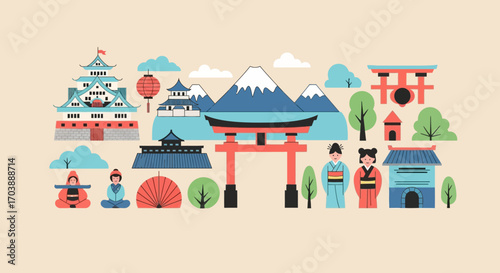 Flat Illustration of Japanese Traditional Culture and Travel Icons. Vector Illustrations. EPS Editable