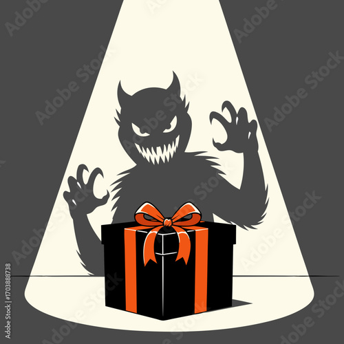 A conceptual illustration of a gift box casting a scary monster shadow. This spooky surprise represents hidden danger, deception, or the evil lurking within an innocent-looking present.