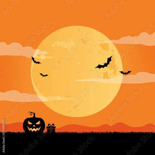 A minimalist Halloween vector background. A scary pumpkin with glowing eyes hides and peeks out from the ground, silhouetted against a huge, orange harvest moon and sky.