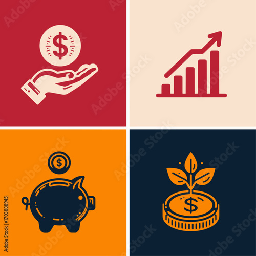 Financial Growth and Investment Icons A Collection of Symbols Representing Savings, Success, Economic Development, and Strategic Planning