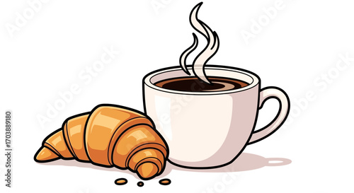 Hand Drawn Illustration of a Hot Coffee and Croissant Breakfast. Vector Illustrations. EPS Editable