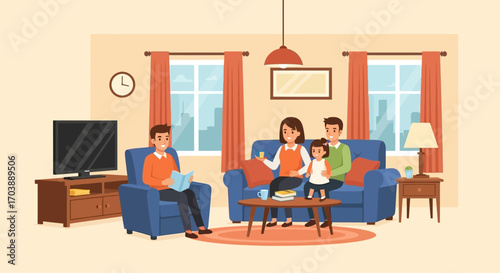 Happy cartoon family relaxing together in a cozy living room. Vector Illustrations. EPS Editable