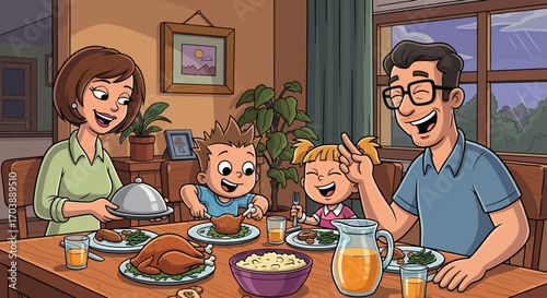 Happy Cartoon Family Enjoying a Delicious Dinner Together. Vector Illustrations. EPS Editable