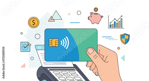 Hand making a secure contactless payment with a credit card at a POS terminal. Vector Illustrations. EPS Editable