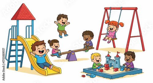 Happy Diverse Cartoon Children Playing Together at the Playground. Vector Illustrations. EPS Editable