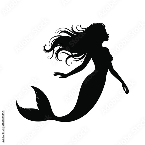 Graceful Mermaid Silhouette Illustration with Long Hair in a Black and White Design