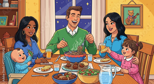 Happy Diverse Family Enjoying a Warm Dinner Together at Home. Vector Illustrations. EPS Editable