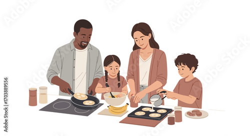 Happy diverse multiracial family cooking pancakes together at home. Vector Illustrations. EPS Editable