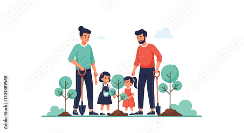 Happy family with two dads and daughters planting trees for reforestation. Vector Illustrations. EPS Editable