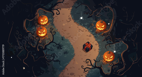 Top-down view of a fantasy RPG game screen. A character walks a scary path in a dark, haunted forest, surrounded by glowing pumpkins and hanging spiders. Halloween adventure quest concept.