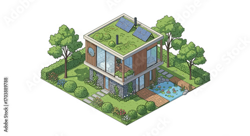 Isometric illustration of a modern eco friendly house with a green roof and solar panels. Vector Illustrations. EPS Editable