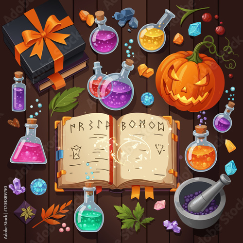 A set of fantasy vector assets for Halloween projects. Includes a spellbook with runes, potions, a scary pumpkin, black books, a mortar, and crystals on a dark wood background.