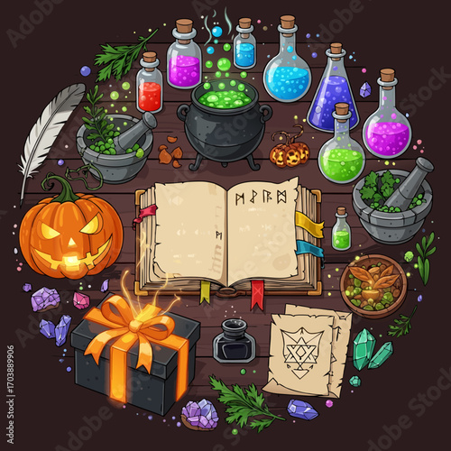 Top-down view of a wizard's desk with ritual items: a book with runes, a bubbling cauldron, potions, herbs in a mortar, crystals, and a quill pen. Fantasy vector illustration for Halloween.
